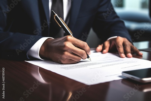 Manos de hombre de negocios firmando un documento oficial, enfoque en pluma dorada y papel photo