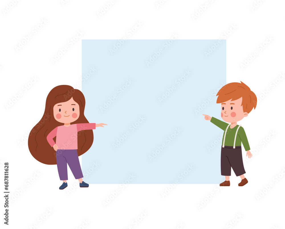 Children point fingers to board or banner, cartoon vector on white Children point fingers to board or banner, cartoon vector on white