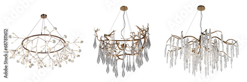 chandelier on the ceiling isolated on transparent background, hanging lamp, pendant light, 3D illustration, cg render photo