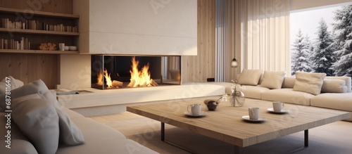 Design - Incorporating fireplace and table in living room. photo