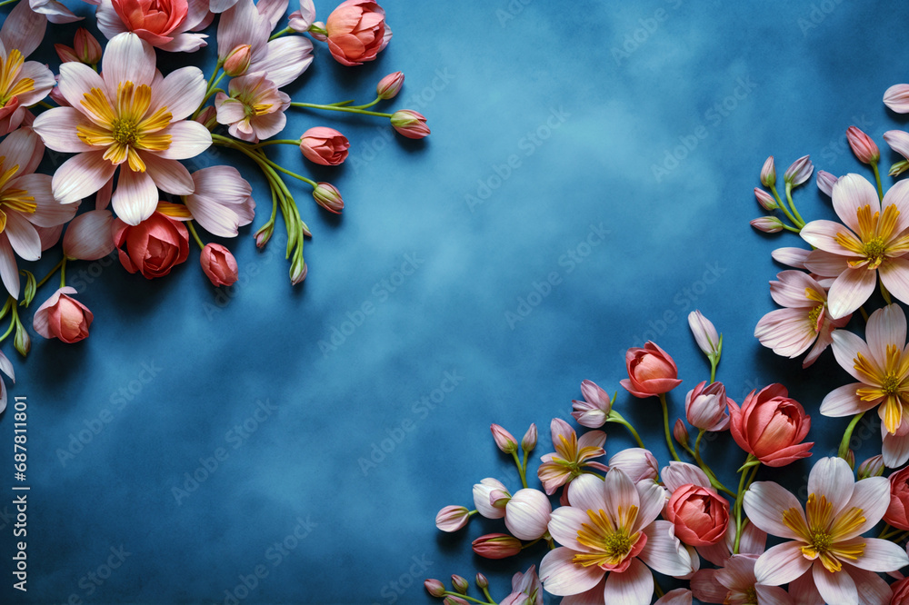Abstract frame with large and small flowers on blue background. Generative AI