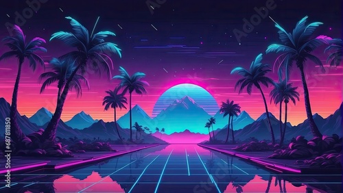 Retro 1980s-style background with palm trees, sun, and mountains. Futuristics Landscape