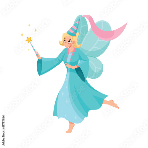 Girl Fairy Godmother with Wings and Magic Wand Flying as Good Fairytale Character Vector Illustration