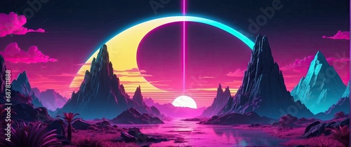 Retro 1980s-style background with palm trees  sun  and mountains. Futuristics Landscape