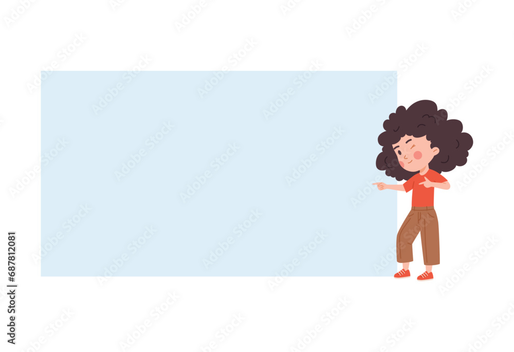 Winking little girl point fingers at empty space board. Winking little girl point fingers at empty space board.