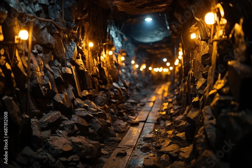 An underground mine with coal  the mine is lit and old and dilapidated.