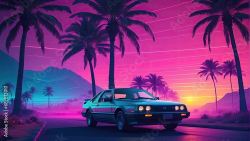 Retro car on the road with palm trees and mountains in the background