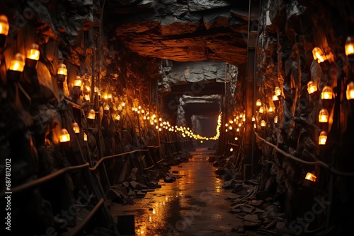 An underground mine with coal, the mine is lit and old and dilapidated. © Niko_Dali