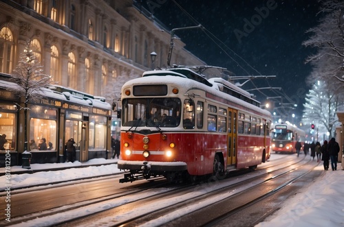 Vintage Trams on Snowy City Tracks at Night
