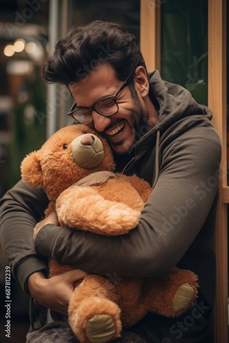 A man is hugging a bear. Generative AI.