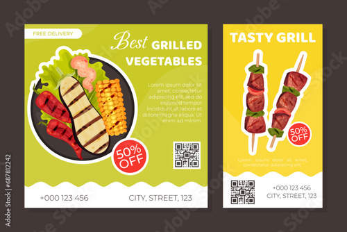 Grill Food Flyer Design with Roasted Barbecue Meal Vector Template