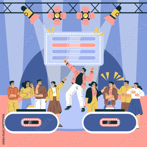 Tv Quiz Game with People Characters in Team Answer Question Vector Set