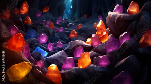 Colorful Glowing Crystal in a Cave. Generative Ai photo