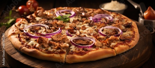 BBQ Pizza with chicken, pulled pork, bacon, red onion, mushrooms, and traditional crust.