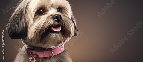 10-year-old male Lhasa Apso wears collar after vet removes skin tumor. photo