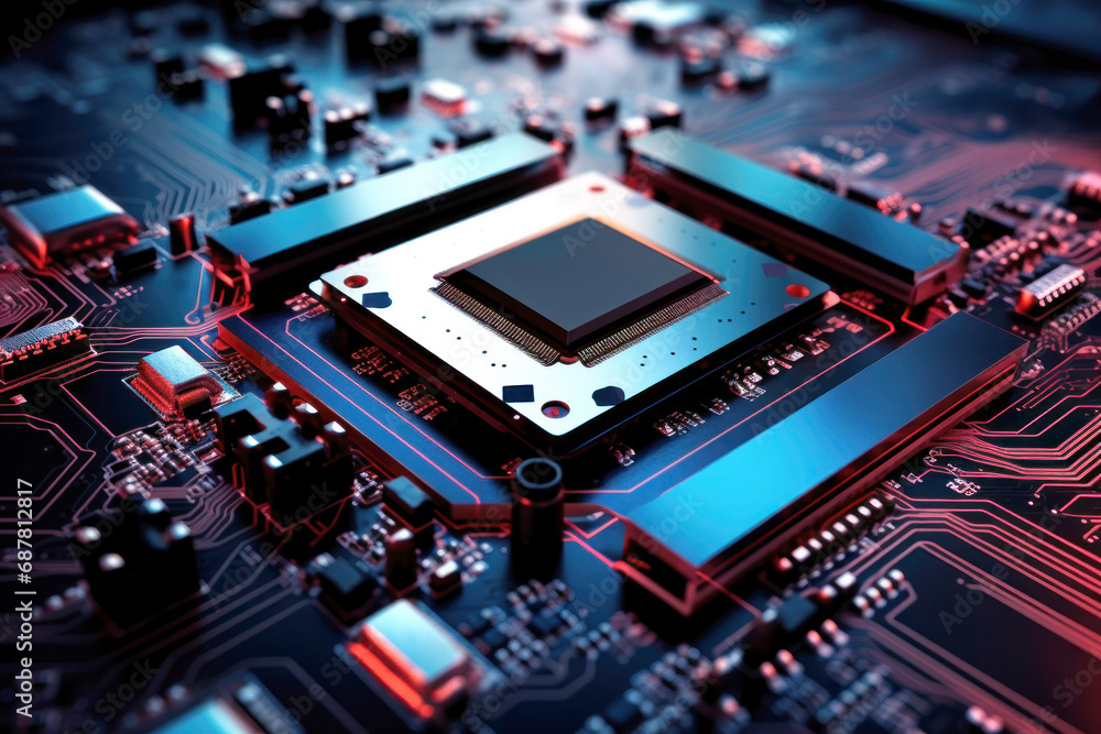 Fototapeta premium Close-up of an electronic board with a processor or chip. Development of computer technologies. Modern electronics production.