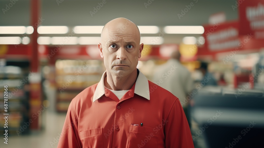 A bald working manager looks at the camera at supermarket operations, Supermarket Manager At Checkout A bald working manager looks at the camera at supermarket operations, Supermarket Manager At Checkout