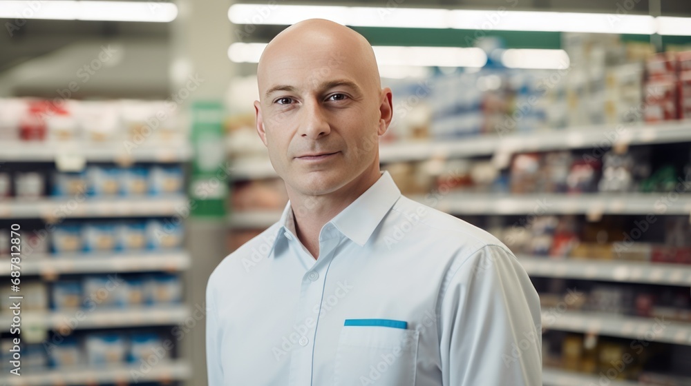 A bald working manager looks at the camera at supermarket operations, Supermarket Manager At Checkout A bald working manager looks at the camera at supermarket operations, Supermarket Manager At Checkout