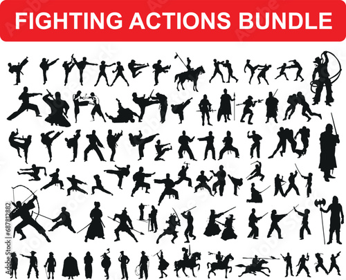 various type of fighting actions bundle, Judo, Karate, MMA, Kung Fu, Tai Chi, Krav Maga, Jiu-Jitsu. Bundle of training, exercising people black vector illustrations isolated on white background.