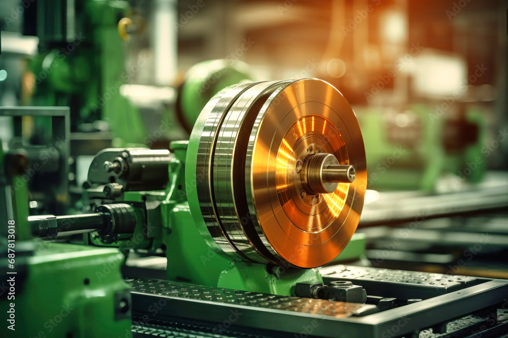 Obraz premium Photo of a detailed shot of industrial machinery in a manufacturing plant. Modern metal processing at an industrial enterprise. Manufacturing of high-precision parts and mechanisms.