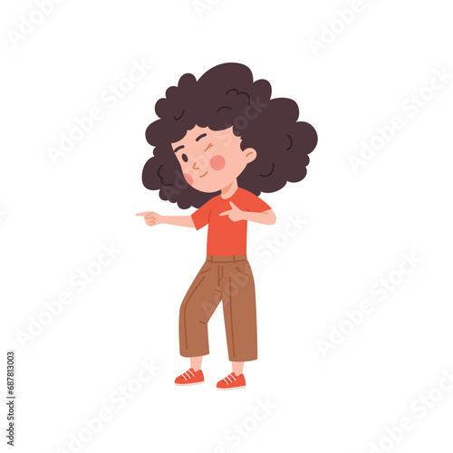 Girl hands pointing forefingers on the left side, playfully showing, vector cartoon child makes gesture paying attention