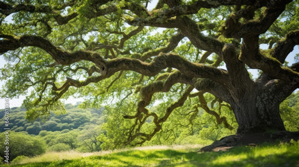 Close up majestic old oak tree giving shade in the springtime, Close up majestic old oak tree giving shade in the springtime,