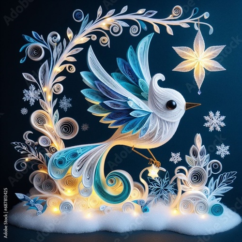 A breathtaking 3D illuminated icy felt quilling bird hummingbird, soaring thr...