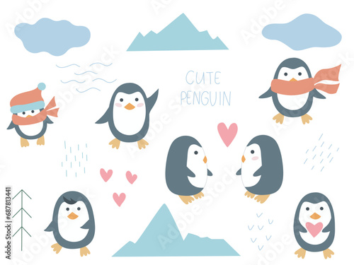 Set cute penguins in arctic clip art. Hand drawn winter character in different poses and natural elements. Baby animals collection for card and design  isolated vector illustration