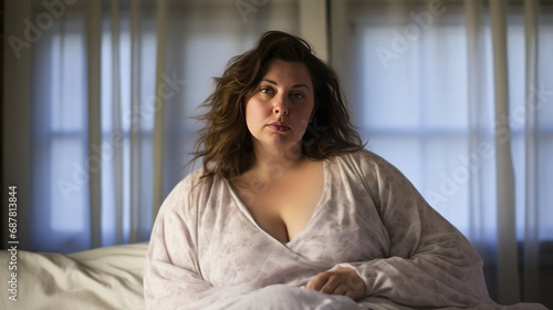 a chubby woman in her thirties wearing a loose nightgown sitting on a bed, 