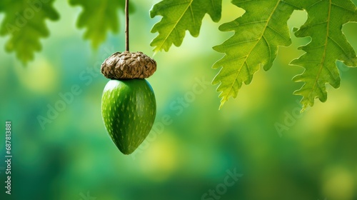 Green acorn hanging from a tree oak leaf background,Concept, trees in the forest