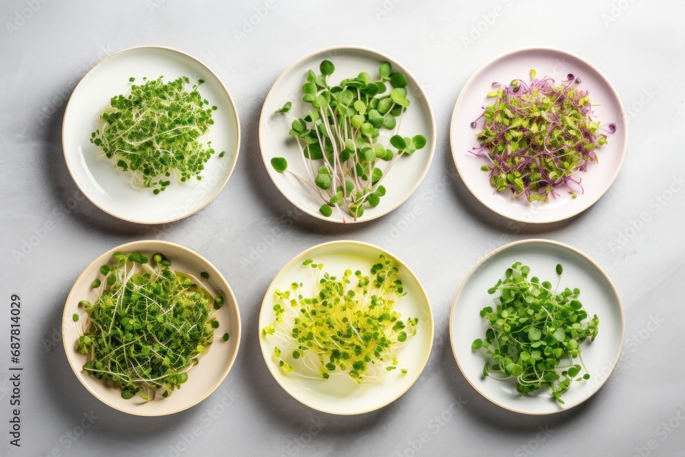 Variety of microgreen sprouts on black table, fresh vegan healthy food. Variety of microgreen sprouts on black table, fresh vegan healthy food.