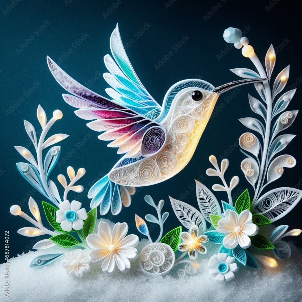 Obraz premium A breathtaking 3D illuminated icy felt quilling bird hummingbird, soaring through a vivid aurora-filled sky, its feathers reflecting the vibrant hues of the Northern Lights, flying over a frozen lake 