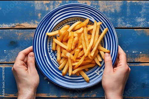 French fries on plate, top view, blue wooden tabletop, hands holding plte photo