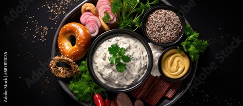 Black bowl with traditional Weisswurst, minced meats, spices, parsley, served alongside sweet mustard, soft pretzels, fresh radishes, in a flat lay presentation.