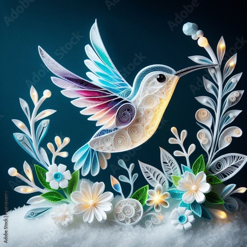 A breathtaking 3D illuminated icy felt quilling bird hummingbird, soaring thr...