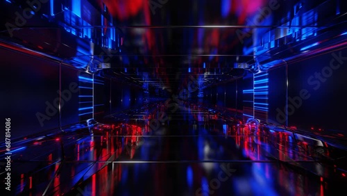 movement inside a square endless tunnel with red and blue backlighting. looping abstract animation. 3d render