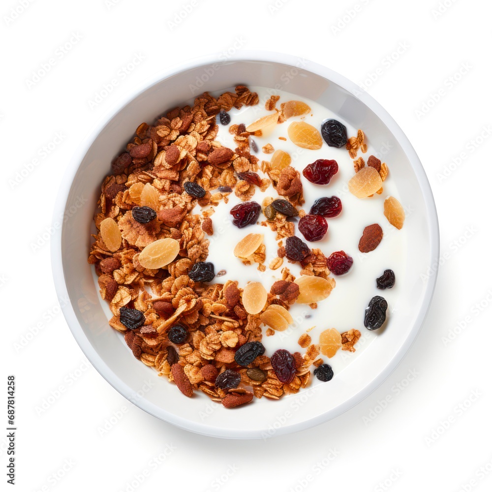 Bowl of granola with milk on white background, top view. Bowl of granola with milk on white background, top view.