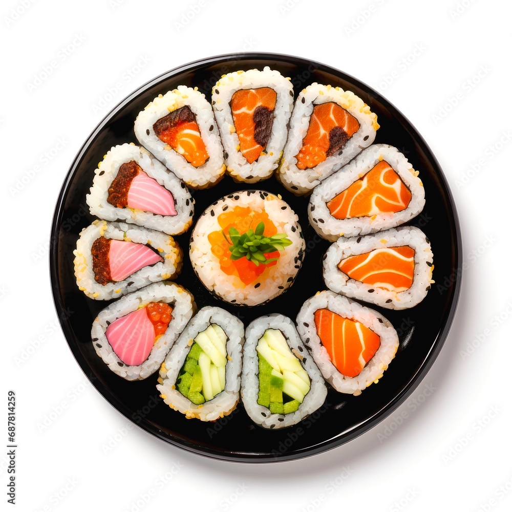 Set of sushi rolls on white background, top view. Set of sushi rolls on white background, top view.