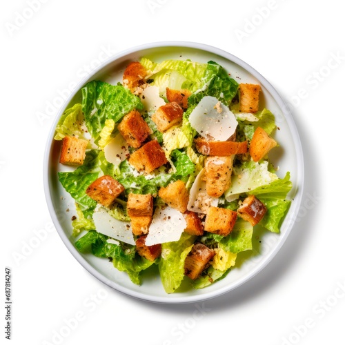 Plate of Caesar salad on white background, top view.