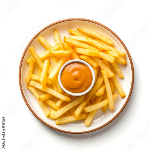 Plate of french fries with mustard sauce on white background, top view