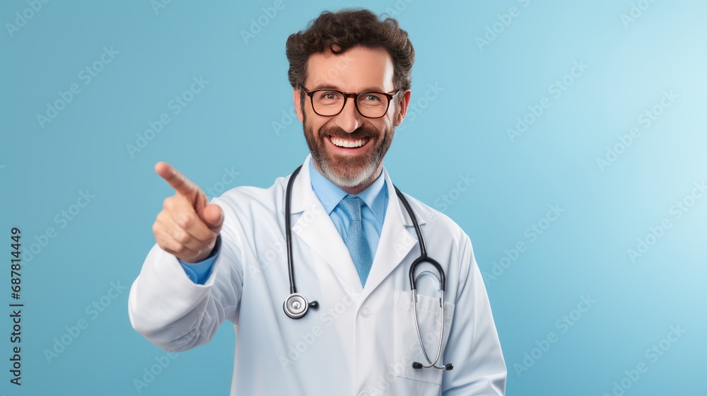 Smiling happy doctor pointing with finger on light blue background Smiling happy doctor pointing with finger on light blue background