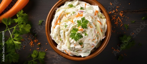 Freshly shredded white cabbage and grated carrot coleslaw topped with homemade mayonnaise dressing, photographed from above (Selective Focus on the salad).