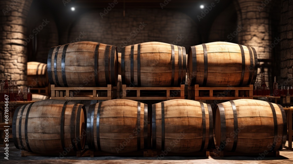 photograph of winery with wine wooden barrels. Vintage wine cellar with old oak barrels,