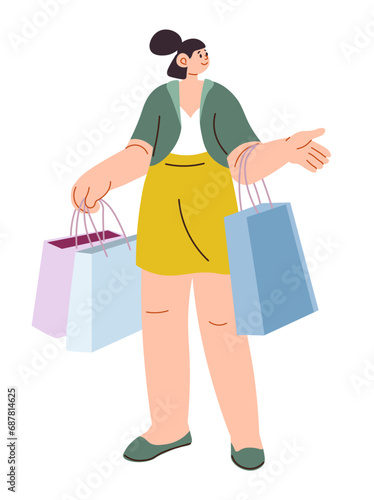 Female character shopping, woman carrying bags