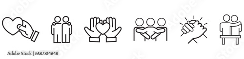 Friendship, partnership, embracing and togetherness vector thin line icon set photo