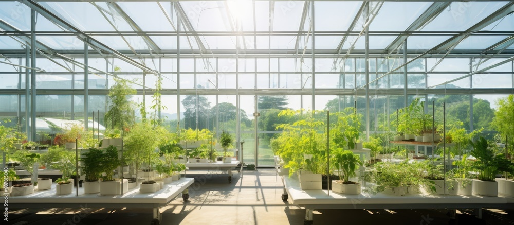 Hospital's greenhouse with glass walls.