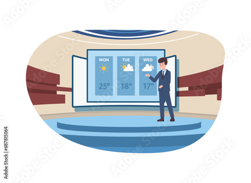 Weather forecaster man, male presenter, flat cartoon vector illustration