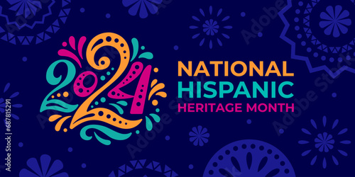 Hispanic heritage month 2024. Vector web banner, poster, card for social media, networks. Greeting with national Hispanic heritage month text, ornament on blue background. Logo 2024. photo