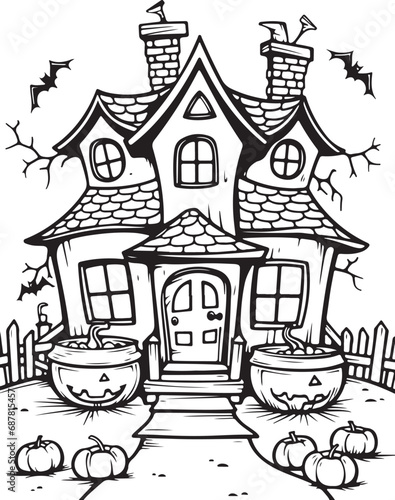 haunted halloween house coloring page illustration 