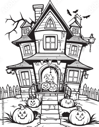 haunted halloween house coloring page illustration 